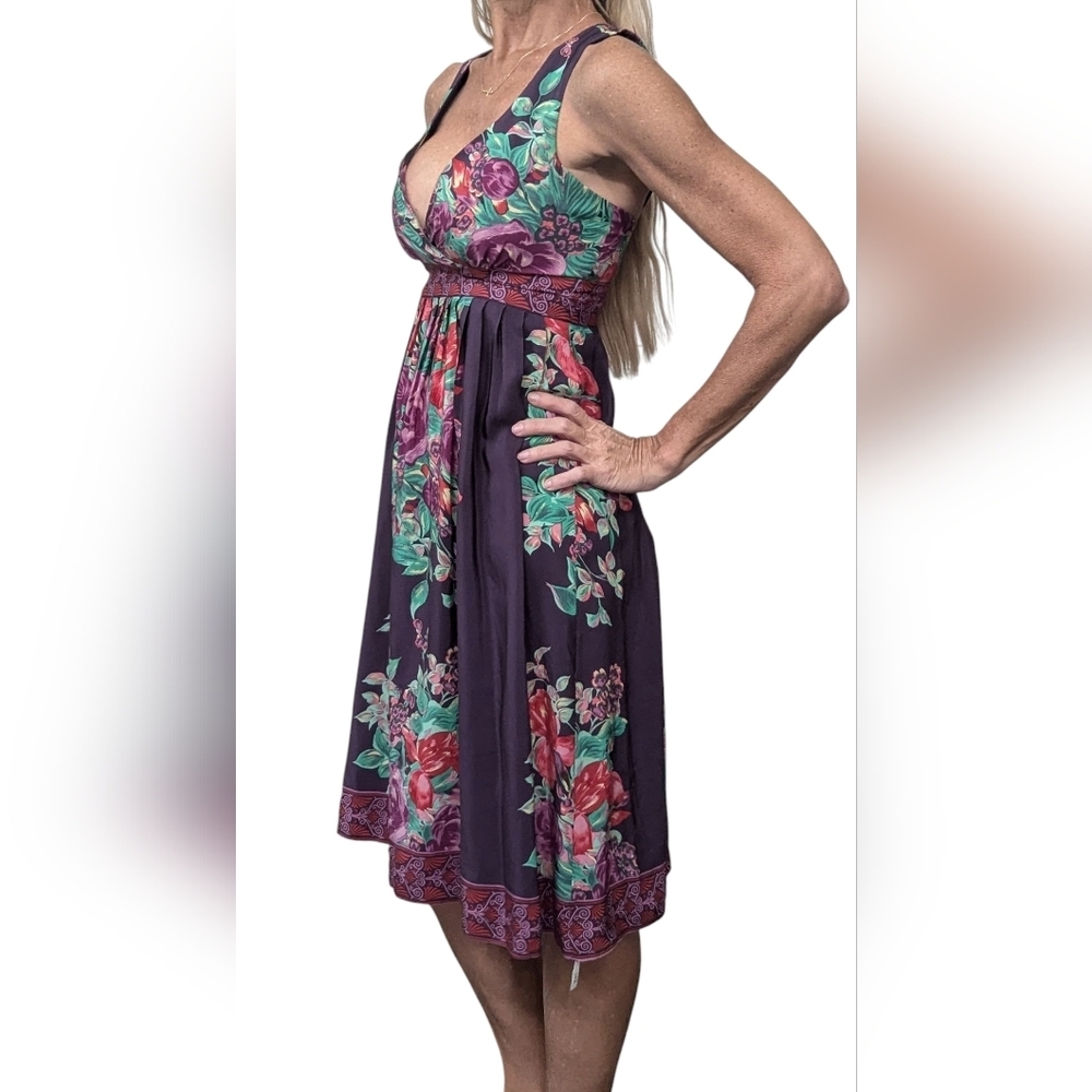 Plenty Tracy Reese 100% Silk Floral Empire Midi Dress Halter Purple 2